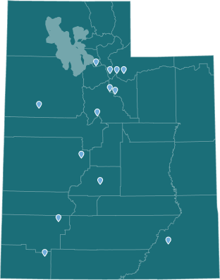 Map of Utah showing geo location icons for areas in Utahs served